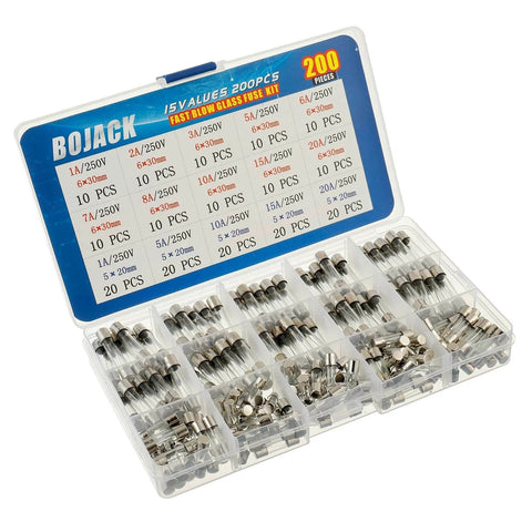 Fast Blow Glass Fuse Assortment Kit, 200 Pcs, Mixed 5x20mm And 6x30mm Fuses, 250V, 1A To 20A Range displayed in clear box