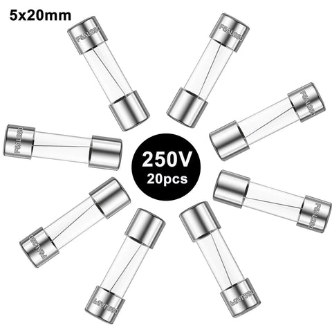 20 Pack Fast Blow Glass Fuses F2AL 250V 2A 5x20mm For Electronics And Home Projects Replacement Kit with clear glass construction.