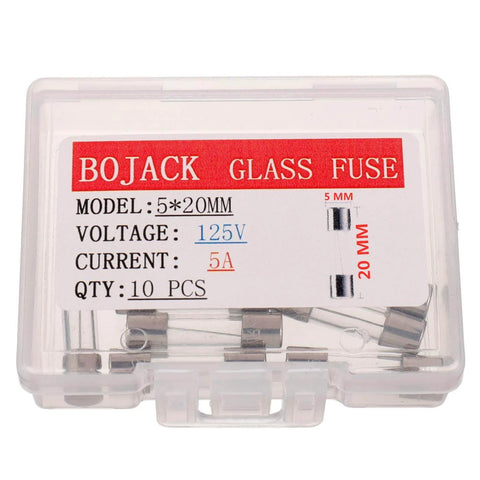 Fast Blow Glass Fuses 5x20 Mm 5A 125V Pack Of 10 in a clear plastic storage case for electronics repair and DIY projects