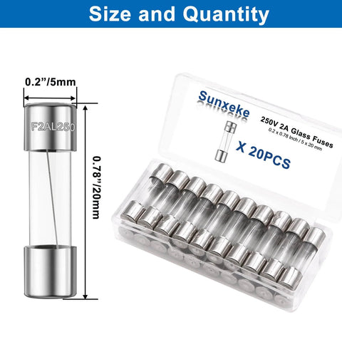 20 Pack Fast Blow Glass Fuses F2AL 250V 2A 5x20mm For Electronics And Home Projects Replacement Kit in clear plastic box