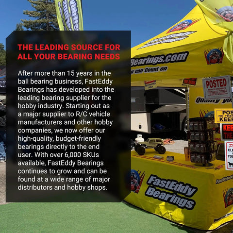 FastEddy Bearings promotional booth with text on bearing services in the hobby industry, featuring product displays and banners.