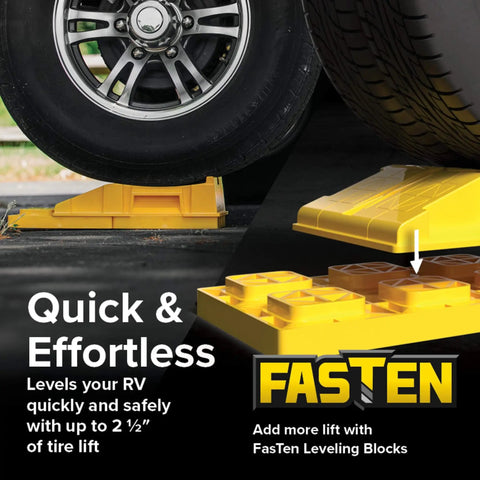 Close-up of FasTen Premium RV Leveling Ramp Set with handle, lifting an RV tire, compatible with square leveling blocks.