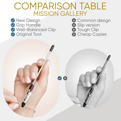 Bracelet Fastener Helper Tool For Easy On Jewelry Clasp Clip For Bracelets Necklaces And Watches Portable Metal Silver Life Saver No Slip Grip And User Friendly Design shown in hand with bracelet clasp.