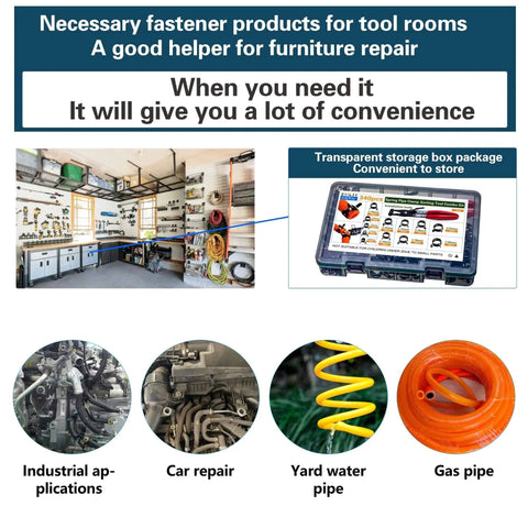 Collage showing storage box of Spring Hose Clamps Kit with installation tool and applications in car, yard, and industrial use.