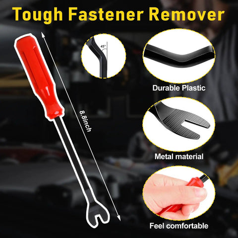Image of an 8.8-inch fastener remover with a red handle and metal tip, part of Go-To 240-Piece Car Bumper Retainer Clips Kit.