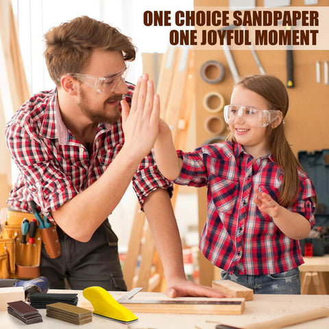 Father and daughter in workshop using 90Pc Micro Detail Sander Kit 3In1 Mini Block with sandpaper for wood projects.