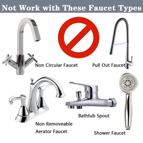 Image of faucet types not compatible with Faucet Mounted Eyewash Station Kit With Emergency Eye Flush, OSHA Approved First Aid.
