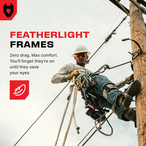 Worker climbing utility pole wearing ANSI Z87 Safety Glasses With High Contrast Lenses For Men And Women Anti Scratch