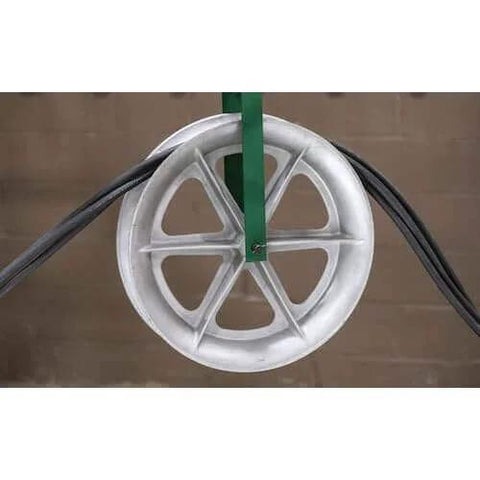 Feeding Sheave for 3-1/2-Inch Conduit with metal wheel guiding cables, mounted on a welded steel frame, shown in side view.
