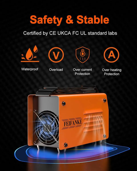Orange Ultra Mini 140A 110V Arc And Lift TIG Welder with shoulder strap, showing safety certifications and protective features.