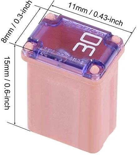 30 amp MCASE micro cartridge fuse, dimensions shown, for 25 Pack Micro Cartridge Fuses Kit 15A 20A 25A 30A 40A MCASE Type