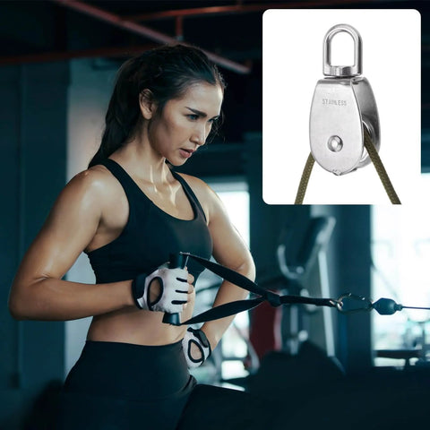 Woman exercising with rope attachment and inset image of 2pcs M50 Double Pulley Block, Stainless Steel Swivel Rigging Lifting Wheel Fixed Pulley.