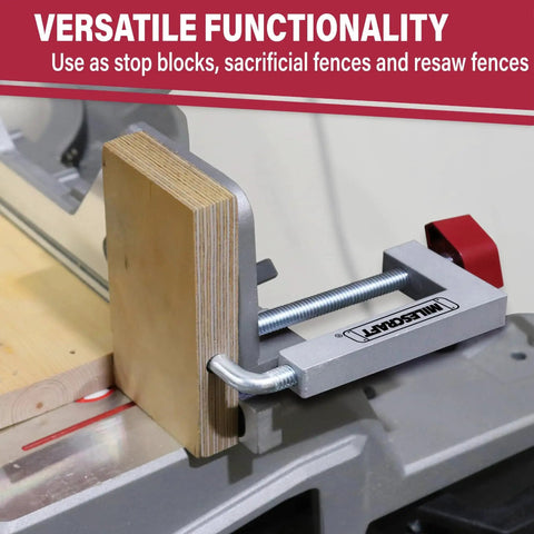 Universal Fence Clamps For Table Saws And Router Tables 2 Pack With Three Eighths Inch Rod used as stop block in workshop