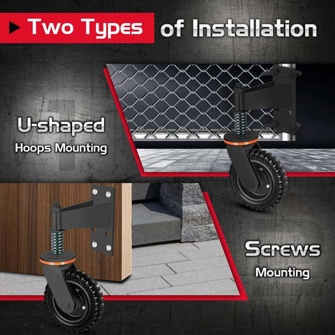 8 inch heavy duty fence gate wheel with spring loaded caster showing U-shaped and screw mounting options.