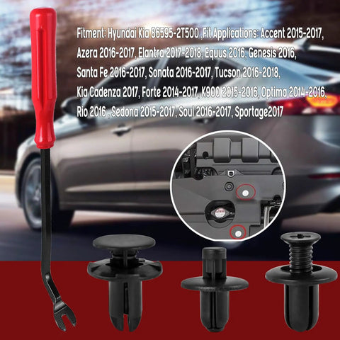 Ultimate 120Pcs Fender Liner Push Type Retainer Clip Fastener Kit For Hyundai And Kia with screwdriver and close-up view.