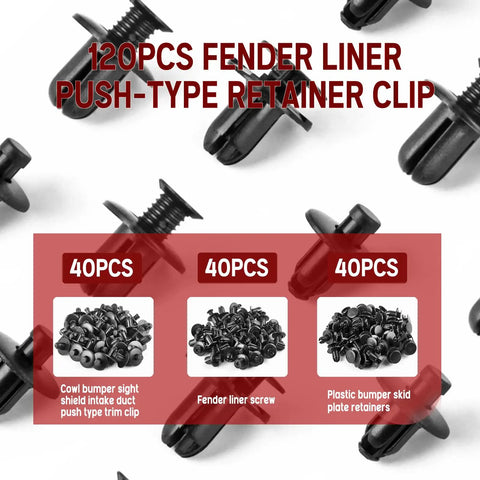 Ultimate 120Pcs Fender Liner Push Type Retainer Clip Fastener Kit For Hyundai And Kia displayed with clip types and quantities