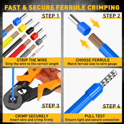 Pro Grade Ferrule Crimping And Stripping Tool Kit With Automatic Wire Stripper showing four-step crimping process