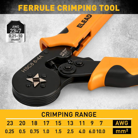 Close-up of Pro Grade Ferrule Crimping And Stripping Tool Kit with 1156 Ferrules, AWG 23 To 7 Crimper, showing crimping range.
