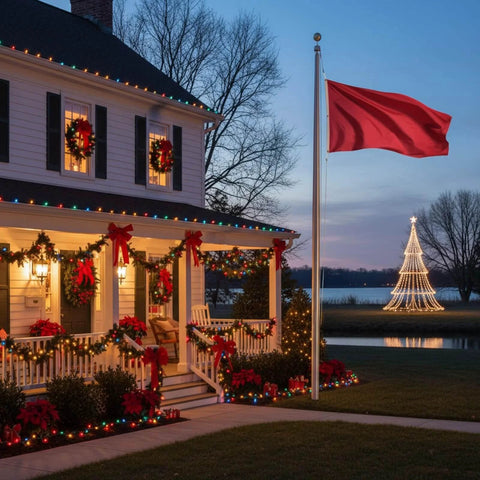 House with festive Christmas decorations and red flag, lights on porch, and glowing outdoor Christmas tree in the yard at twilight