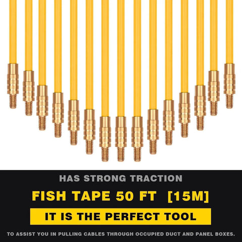 Fifty Foot Fiberglass Fish Tape Running Wire Cable Rods Coaxial Electrical Connectable with Brass Threaded Connectors