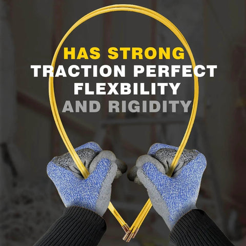 Hands bending Fifty Foot Fiberglass Fish Tape Running Wire Cable Rods for traction and flexibility.