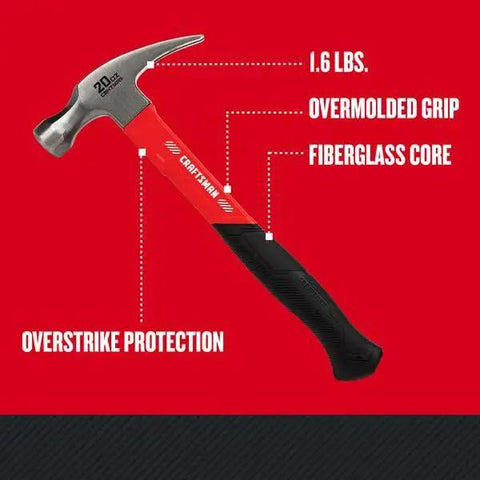 Fiberglass Hammer 20 Ounce With Overstrike Guard And Secure Comfort Grip shown on a red background highlighting features
