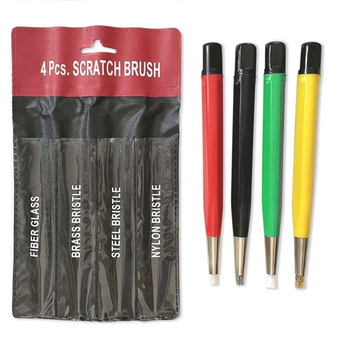 Fiberglass Pen Scratch Brush Set with 4 pieces, featuring red, black, green, yellow pens with fiberglass, brass, steel, nylon tips