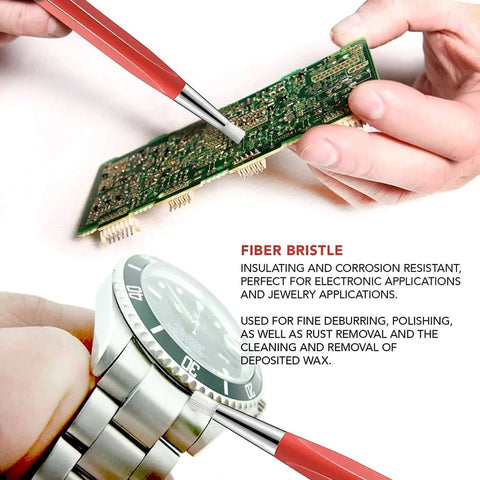 Fiberglass Pen Scratch Brush Set with fiberglass tip cleaning jewelry and circuit board, highlighting corrosion resistance and versatility.