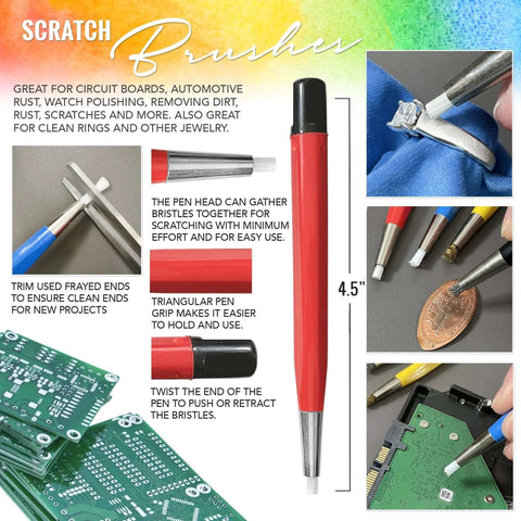 Fiberglass Pen Scratch Brush Set with Steel, Brass, Nylon, Fiberglass Tips, shown cleaning jewelry, circuit boards, and auto surfaces.