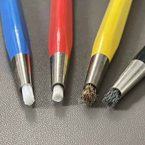 Fiberglass Pen Scratch Brush Set showing nylon, fiberglass, brass, and steel tips for jewelry and circuit cleaning.