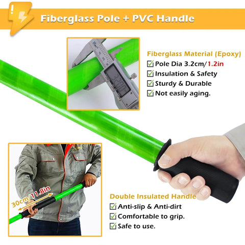 Heavy-Duty Fiberglass Insulated Rescue Pole For High Voltage Safety, Lightweight FRP Pull Stick with PVC handle and dimensions shown