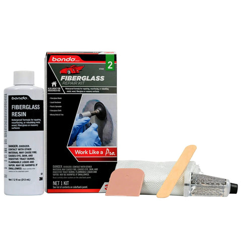 All-In-One Fiberglass Repair Kit With Resin, Hardener, Cloth, And Tools For Automotive, Marine, And Home DIY Repairs - 0.45 Pint Waterproof Quick Fix Solution showing resin bottle, hardener tube, fiberglass cloth, and applicator tools
