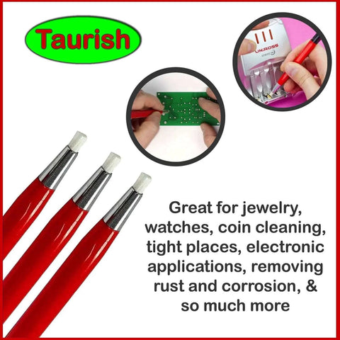 Close-up of Fiberglass Scratch Brush Pen 3 Pack with red handles for jewelry, watch, coin cleaning, and electronic applications.