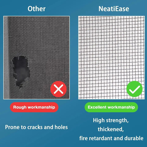 Comparison of adjustable fiberglass window screen mesh kit 48x102 inches; left: damaged screen, right: durable, high-strength mesh.