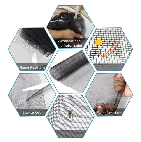 Features of Fiberglass Window Screen And Door Replacement Mesh 48 X 118 Inches, showing washable, flame resistant, and easy to cut qualities.