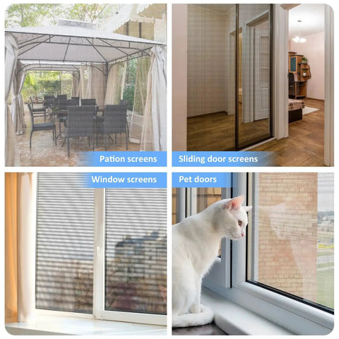 Collage of fiberglass window and door screen mesh installations: patio, sliding door, window, and pet door screens.
