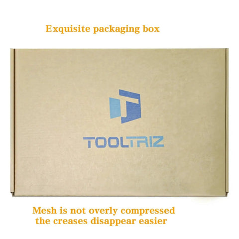 Brown packaging box for Fiberglass Window Screen And Door Replacement Mesh 48 X 118 Inches, showing Tooltriz logo.