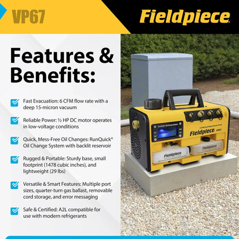 Fast Evacuation Vacuum Pump With 8 CFM Flow And 15 Micron Ultimate Vacuum For HVAC Pros displayed with features list and Fieldpiece branding