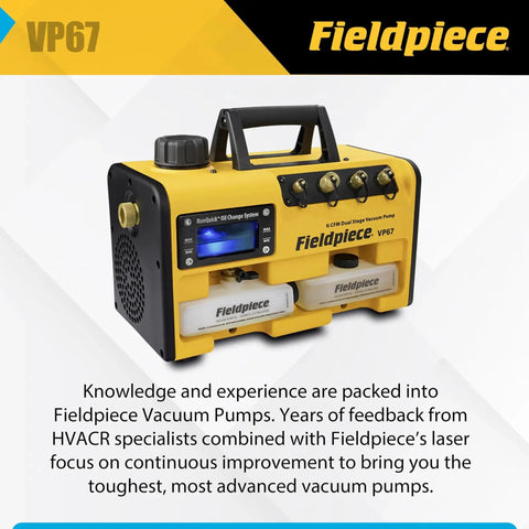 Fast Evacuation Vacuum Pump With 8 CFM Flow And 15 Micron Ultimate Vacuum For HVAC Pros One Half HP DC Motor RunQuick Oil Change System Portable A2L Compatible Fieldpiece VP67 Built For Durable Portable Field Performance And Service