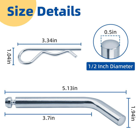 Size details of Fifth Wheel Rail Pin Kit For Reese 16K And 22K Hitches, showing pin measurements and clip dimensions.