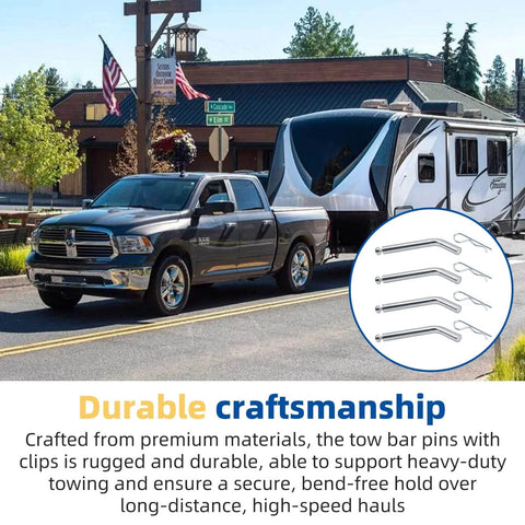 Truck towing a fifth-wheel RV with inset image of Fifth Wheel Rail Pin Kit For Reese 16K And 22K Hitches, heavy duty pins and clips.