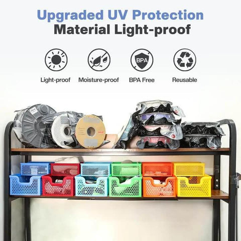 Filament Vacuum Storage Kit With USB Pump 20 Light Proof Vacuum Bags on shelf with colorful boxes, keeps 3D filament dry and clean.
