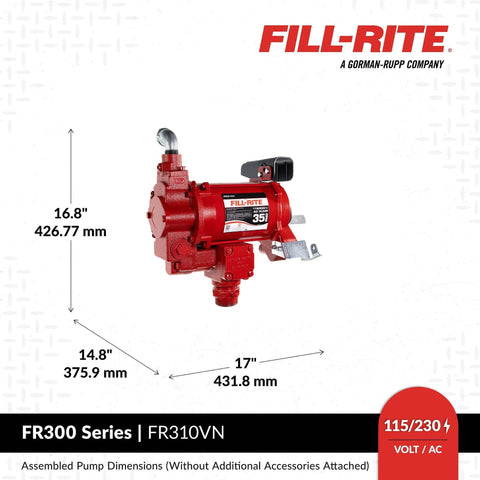 Fill-Rite FR310VN 115V/230V 35 GPM Fuel Transfer Pump, red cast-iron with dimensions, side view