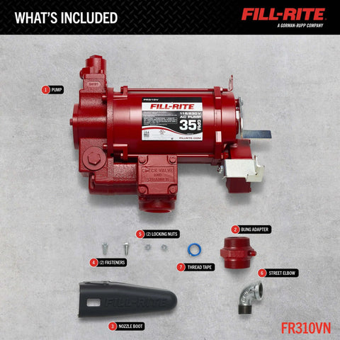 Fill-Rite FR310VN 115V/230V 35 GPM Fuel Transfer Pump with accessories including bung adapter and nozzle boot