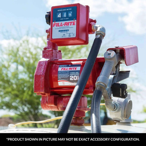 Fill-Rite FR700V Series pump with KIT700MA Meter Flange Kit and 800 Series mechanical meter installed, close-up view.
