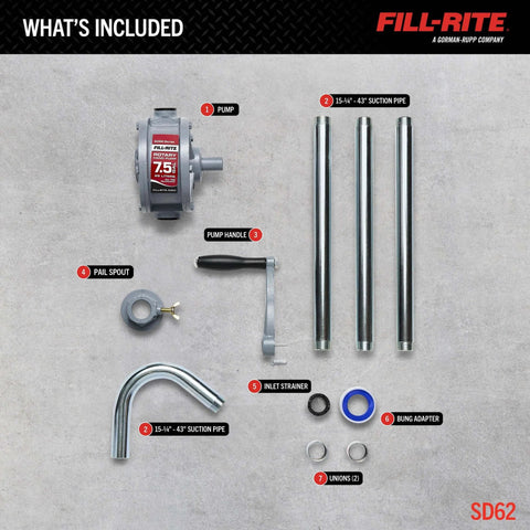 Contents of Fill-Rite SD62 Hand Pump Rotary 2-Vane Curved Spout including pump, handles, suction pipes, and accessories