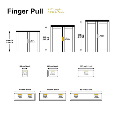 Diagram of Edge Finger Tab Cabinet Pulls Pack of 10 Aluminum Hidden Door Handles in Matte Brass showing dimensions and installation sizes.