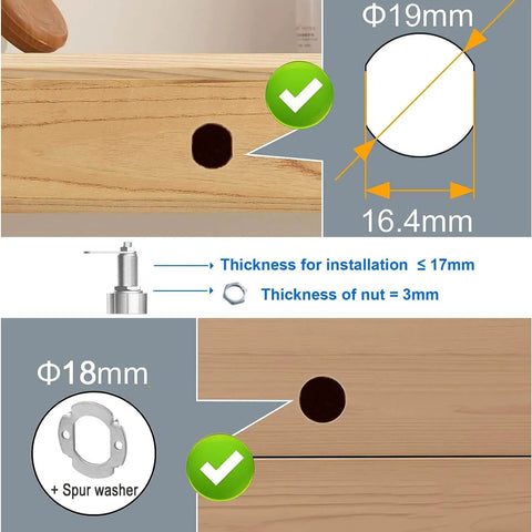 Diagram showing installation details for Bluetooth fingerprint drawer lock with three latch sizes fits drawers up to 17mm thick