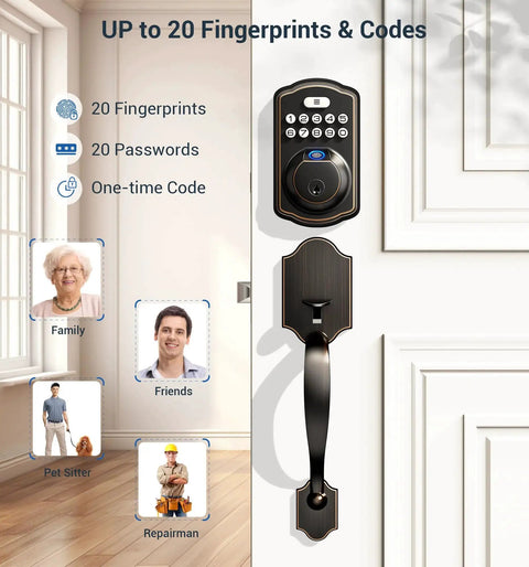 Secure, keyless entry with a lever handle fingerprint door lock set featuring an electronic keypad and autolock, on a white door