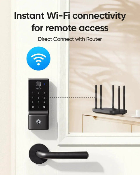 Fingerprint Keyless Entry Front Door Lock With Built In Wi Fi App Remote Control And Physical Key Backup Designed For Easy Home Access IP53 Weatherproof Front Door Deadbolt BHMA Grade 3 Security Long Life Battery Up To Eight Months Model C220 installed on a door